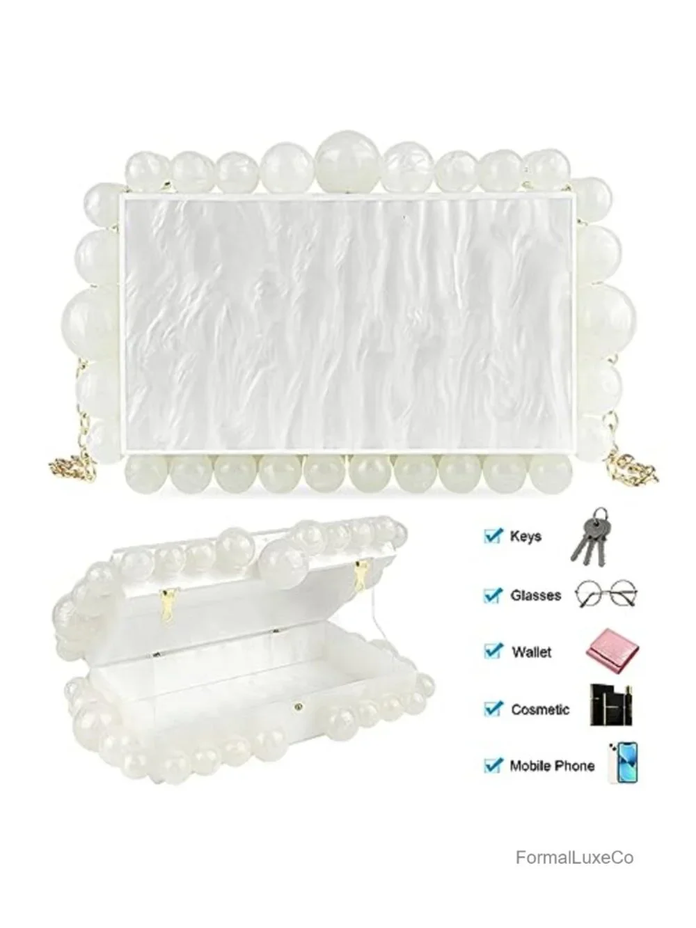 Acrylic Evening Clutch Bag with Marble Pattern, Detachable Chain for Wedding